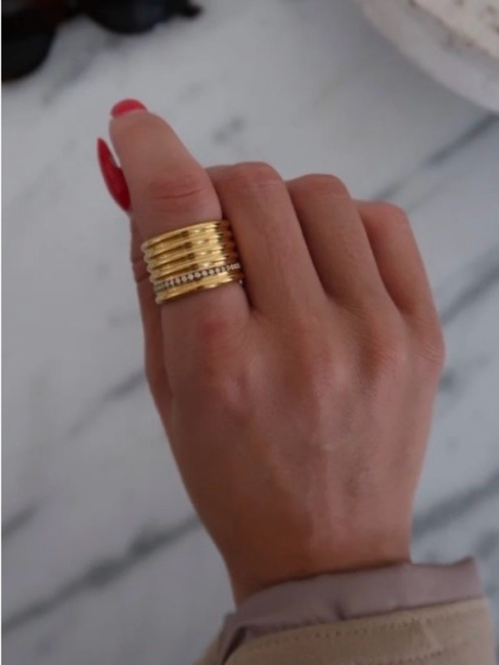 Gold Wide Ribbed Statement Ring Pavé Accent WATERPROOF- Women Jewelry SIZE 6